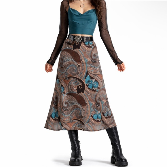 dressbarn Dresses & Skirts - Y2K DRESSBARN Brown Paisley Sheer Overlay Midi Skirt Whimsigoth Fairy Boho Sz M